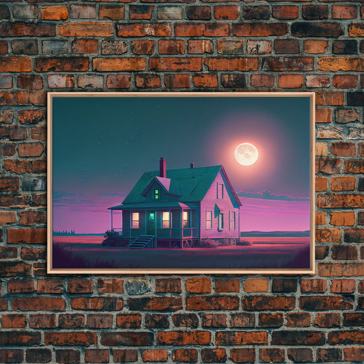 Primitive Retro Mashup, Little house on the prairie, vaporwave aesthetic style framed canvas print