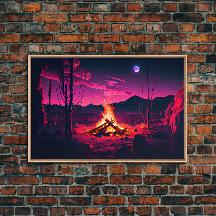 Primitive Art, Campfire Painting Print, Framed Canvas Print, Synthwave Farmhouse Decor