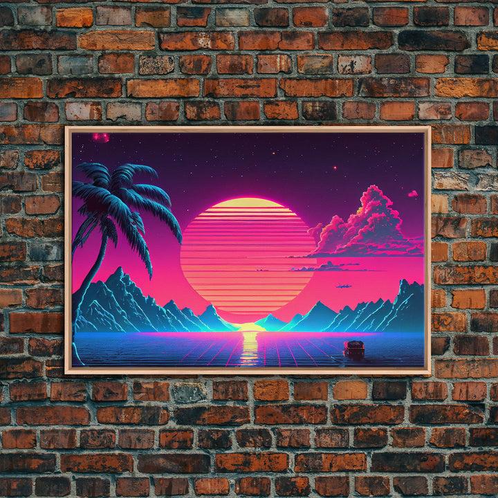 Retro Outrun Style Palm Trees and Sunset, Framed Canvas Print, Wireframe lake and mountain vista