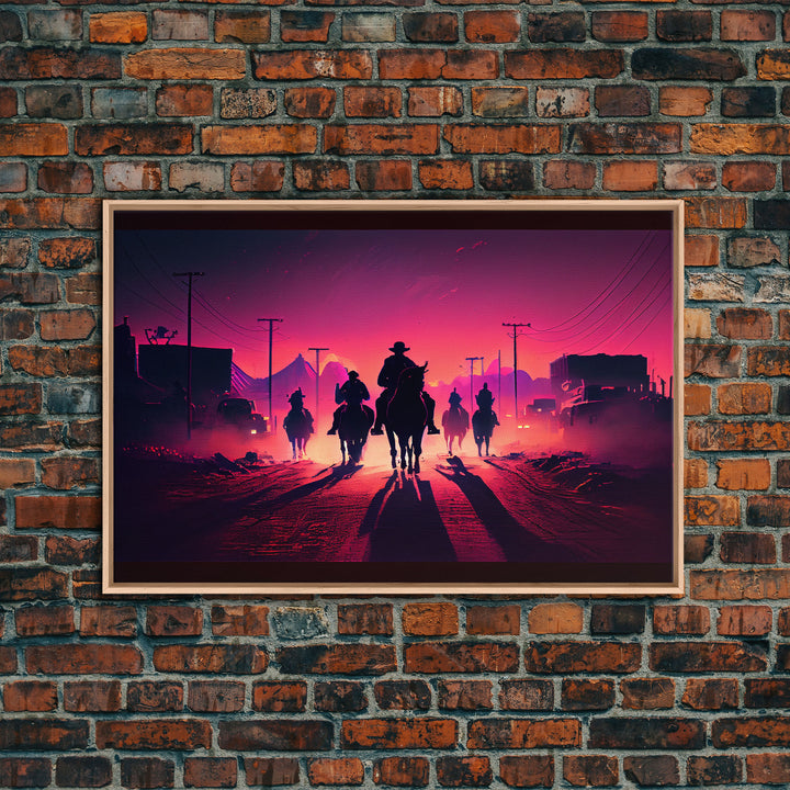 Retro Synthwave Style Post-Apocalyptic Cowboys, framed canvas print, retro outrun style wild west art