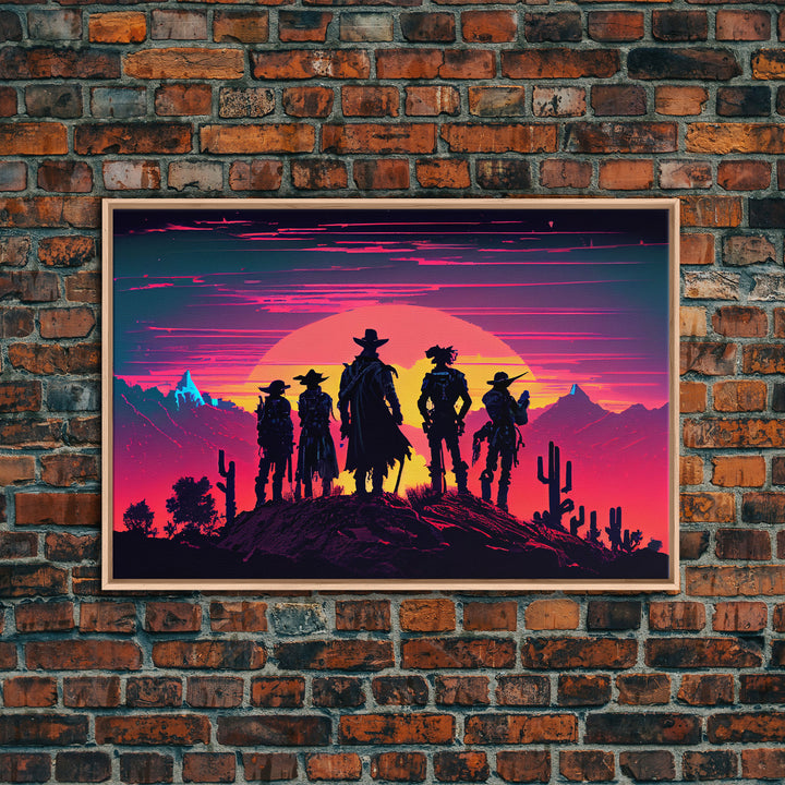 Retro Synthwave Style Wild West Cowboys, framed canvas print, retro outrun style wild west art