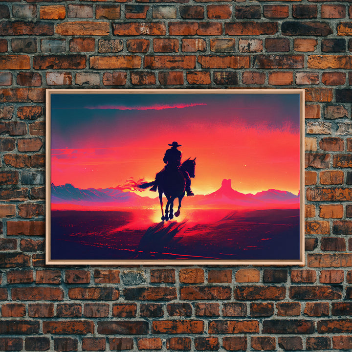 The Sunset Ride, Wild West Cowboy Art, retro style western decor, framed canvas print