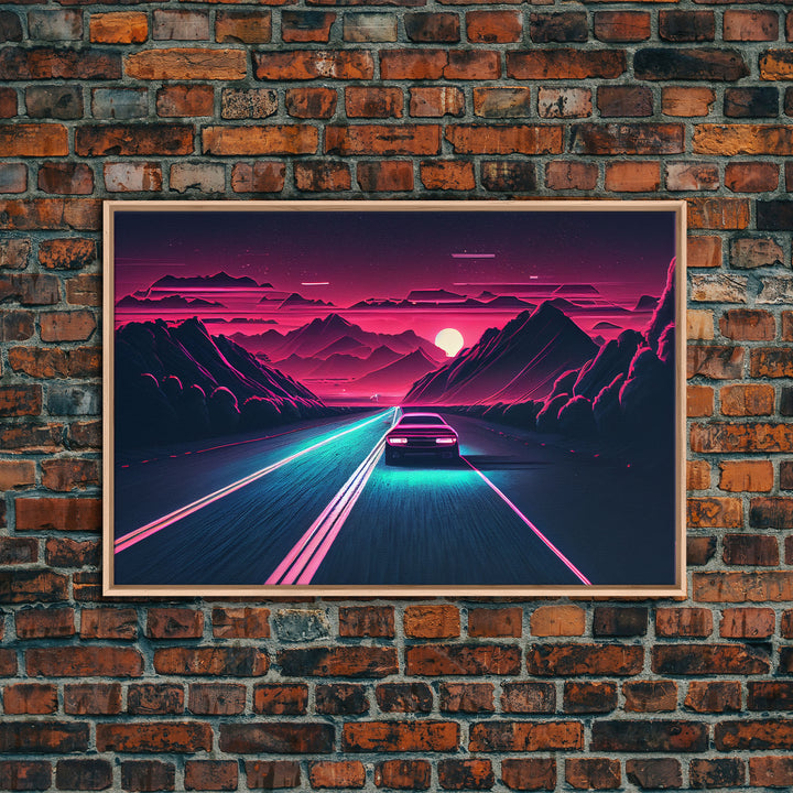 Midnight Drive, Unique Synthwave Style Retro Art, 80s style art, framed canvas print