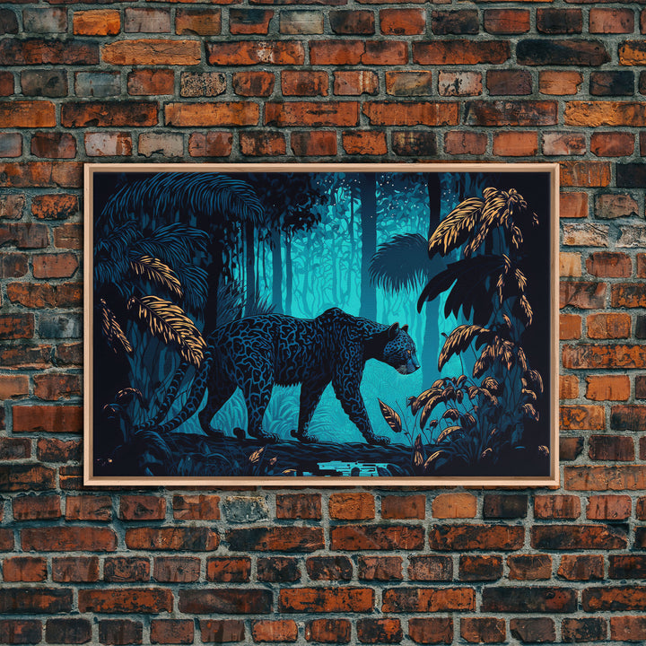 Black and Turquoise Panther, framed canvas print, unique wall art, wildlife canvas art, living room wall art