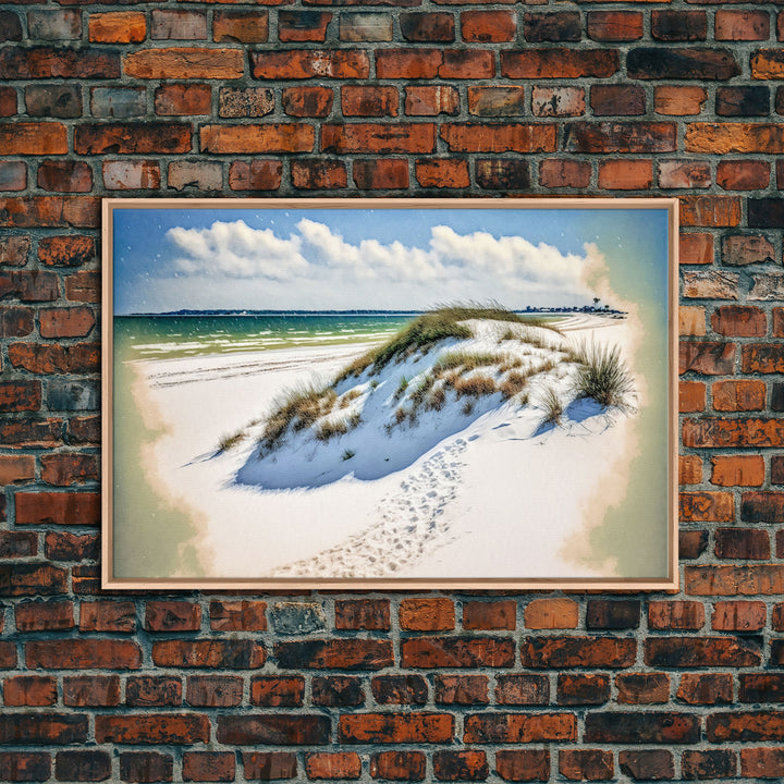 Whimsical watercolor of sand dunes on a beach, framed canvas print, beautiful living room wall art