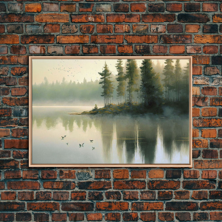 Misty Morning Sunset over a Oregon Lake, framed canvas print, beautiful nature / landscape art, boho minimalist farmhouse wall decor