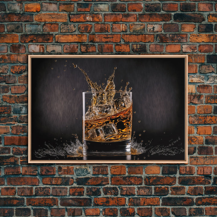 Whiskey Wall Décor, Glass of Whiskey with Splash, Man Cave Wall Art, Whisky Artwork, Home Bar Decor, Framed Canvas Print