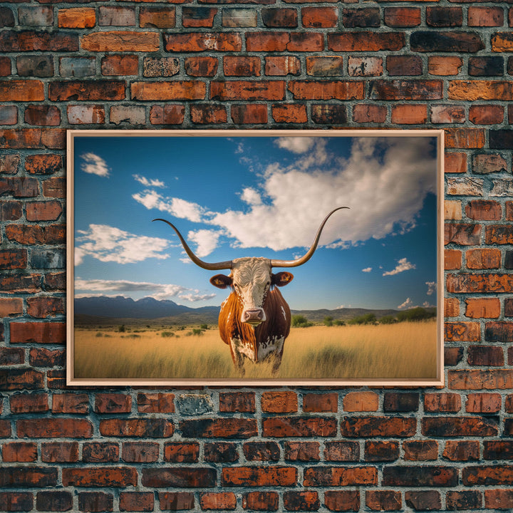 Texas longhorn art Rustic wall art, wall decor Western farmhouse decor, cow framed canvas print, Trendy wall art, Longhorn canvas print