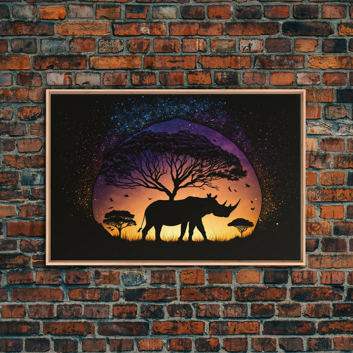 Rhino Silhouette against a starry night sky, wildlife art, animal prints, framed canvas print