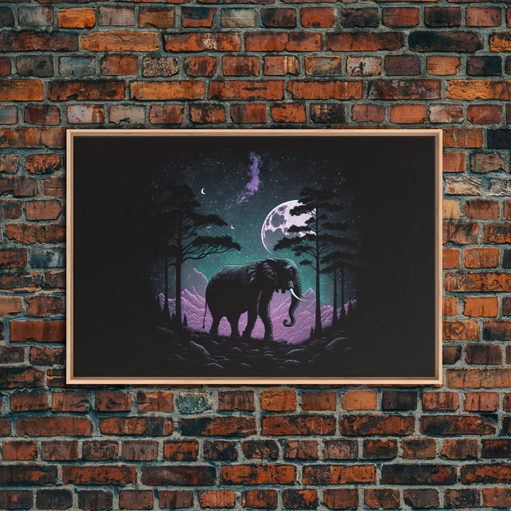 Synthwave Elephant Art | Framed Canvas Print | Framed Wall Art | Animal Prints | Wildlife Art | Elephant Walks Under A Full Moon