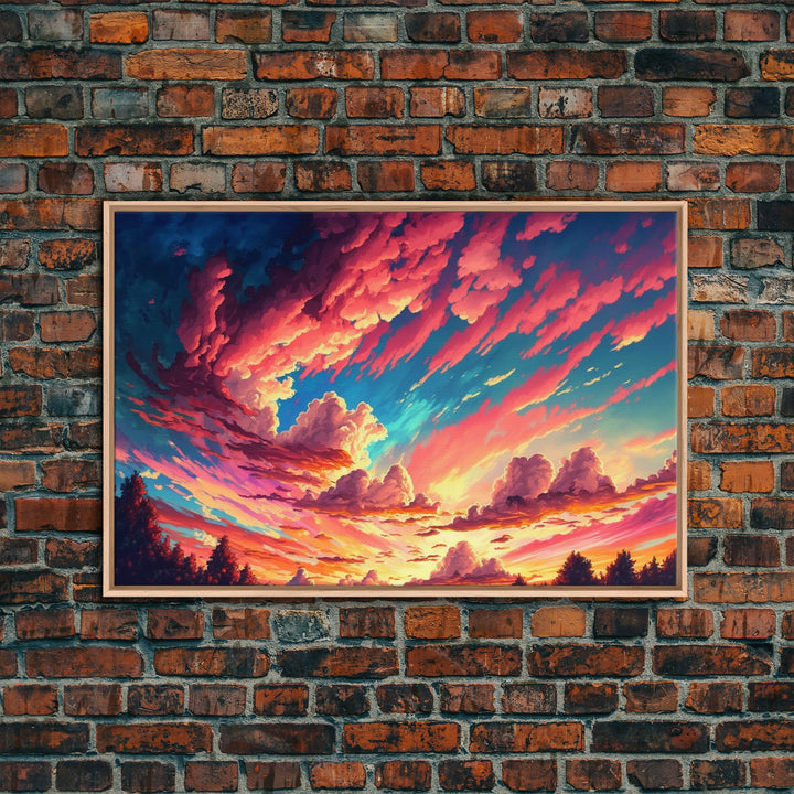 Watercolor of a beautiful cloudy sky at sunset, framed canvas print, landscape art, unique framed wall art