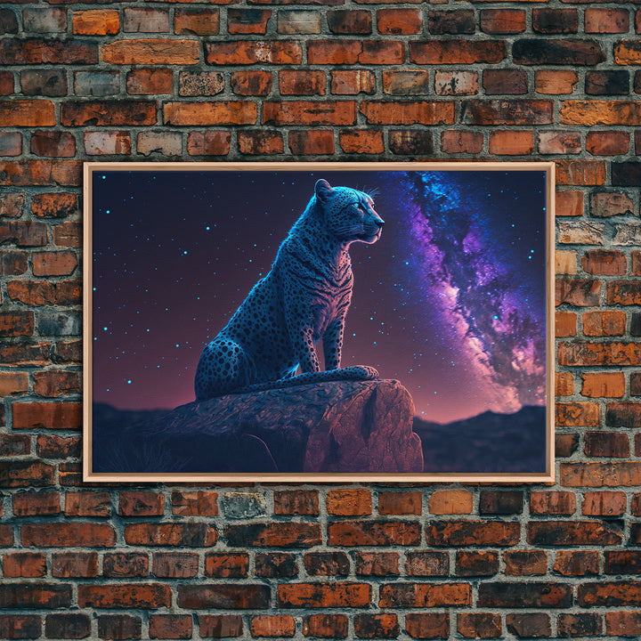 Synthwave Animal Prints, Cheetah and a starry night sky, framed canvas print, cute animal art