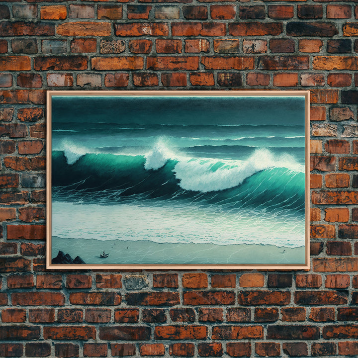 The Monsoon | Beach Art | Framed Canvas Print | Emerald Green Waves | Boho Style Minimalist Painting | Framed Wall Decor Wall Art