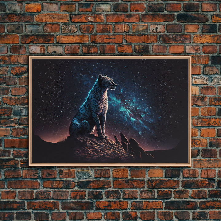 Cheetah Print, Synthwave Animal Prints, Cheetah and a starry night sky, framed canvas print, cute animal art