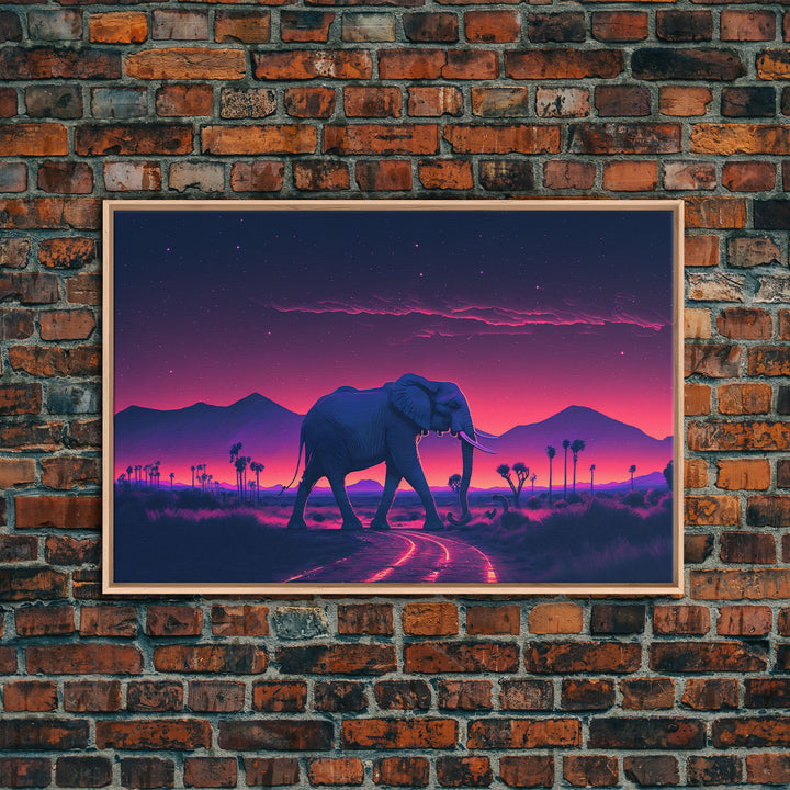 Elephant Art | Framed Canvas Print | Synthwave Style Framed Wall Art | Animal Prints | Elephant Walks Under A Full Moon | Kid's Room Decor