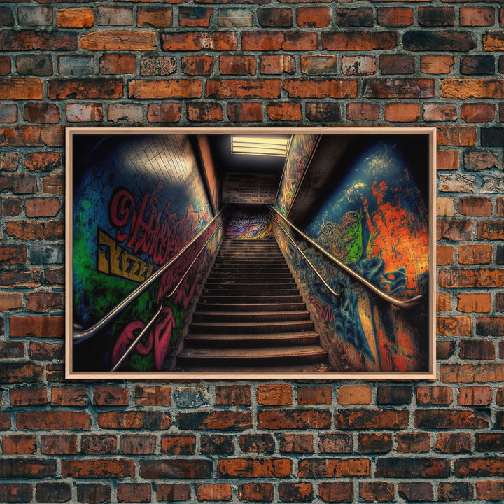 Graffiti Covered Staircase | Subway Stairs | Framed Canvas Print | Punk Art | Dystopian Cyberpunk Art