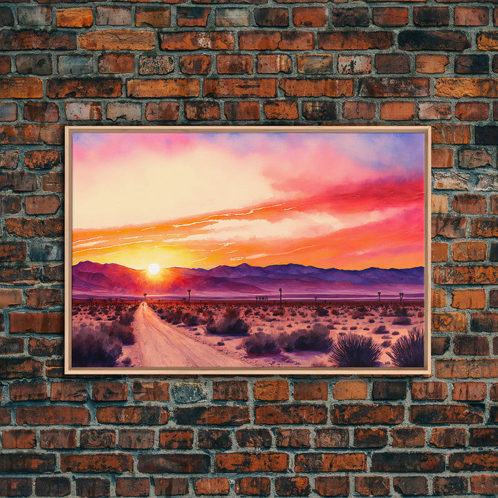 Arizona Desert at Sunset, Dirt Road, Framed Canvas Print, Colorful Wall Art, Sofa Art