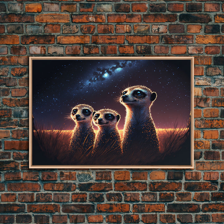 Meerkat Art, framed canvas print, Animal art, starry night over the plains of Africa