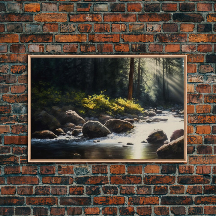 A Rocky Stream, Watercolor Art, Serene nature landscape art, framed canvas print, mouth of the river in the morning light wall art