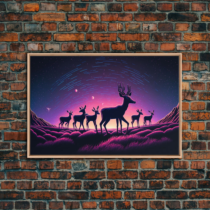 Wildlife at Night, Timelapse art, framed canvas print, synthwave style animal art