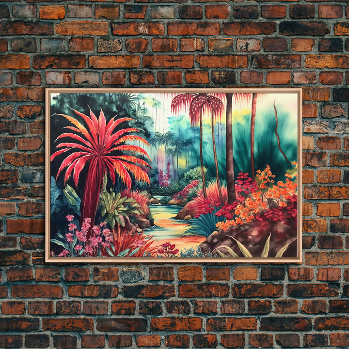 Tropical Jungle Paradise Watercolor, Framed Canvas Print, Canvas Art, Colorful Jungle Painting