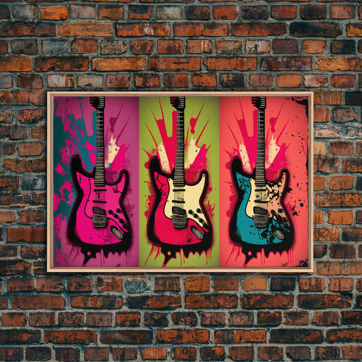 Electric Guitar Pop Art, Instrument Drawings, Framed Canvas Print, Pop Art, Graffiti Splatter Art, Large Living Room Wall Decorr