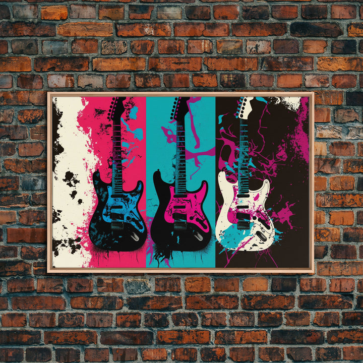 Electric Guitar Graffiti Punk Pop Art, Instrument Drawings, Framed Canvas Print, Pop Art, Splatter Art, Large Living Room Wall Decorr