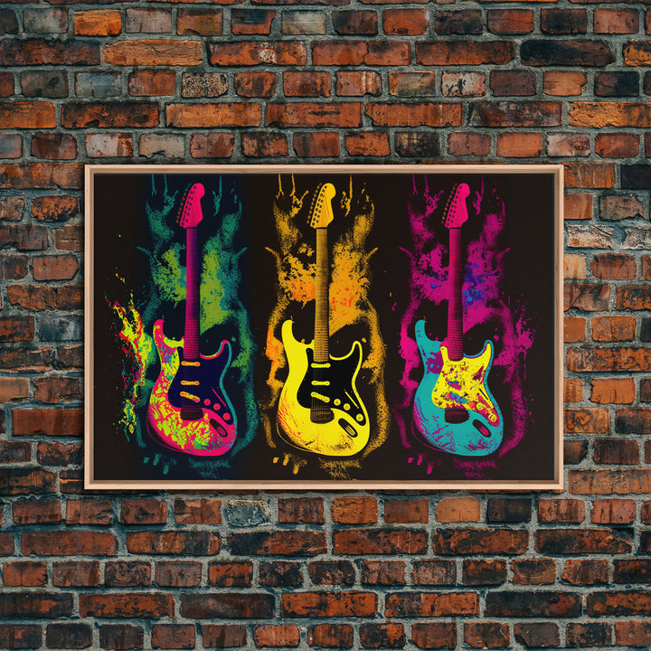 Psychedelic Electric Guitar Graffiti Pop Art, Instrument Drawings, Framed Canvas Print, Pop Art, Splatter Art, Large Living Room Wall Decorr