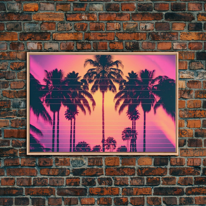 Synthwave Sunset Art, Framed Canvas Print, Palm Tree 80s Vibe Wall Art