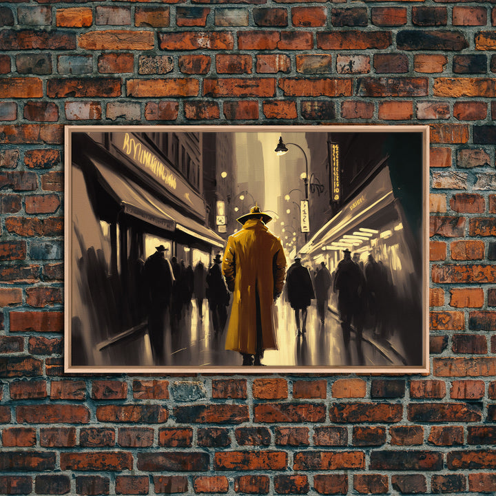 The Man in The Trench Coat, Framed Canvas Print, Time Lapse Watercolor Painting, Subdued Office Wall Art, Noir Art