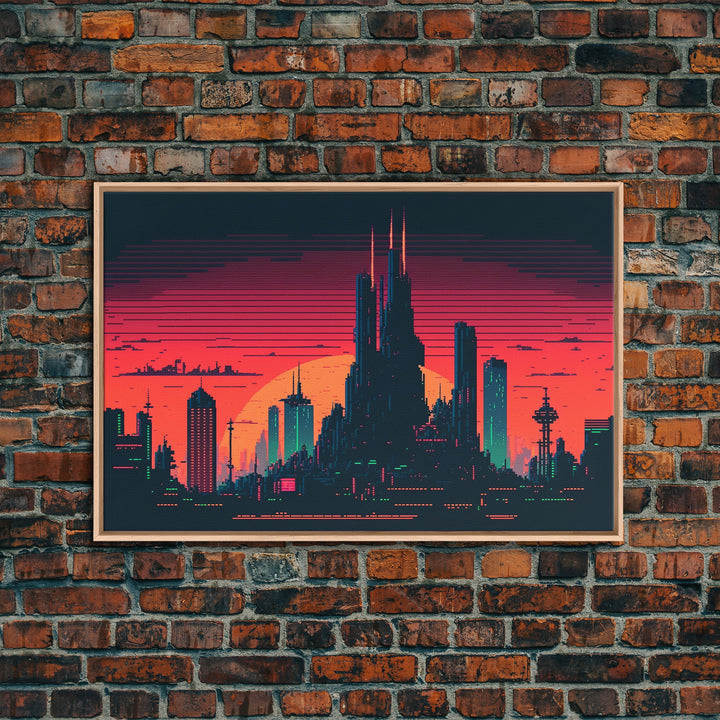 Outrun Style Pixel Art Futuristic Cyberpunk City Skyline at Sunset, Concept art, framed canvas print, dystopian art