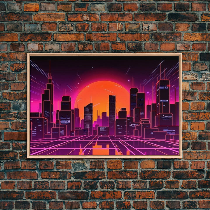 City Wall Art | Framed Canvas Print | Living room art | Lines | Retro | Wonderful art | Landscape | Outrun Style | Futuristic | Synthwave