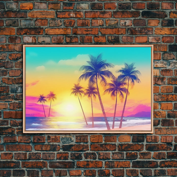 Colorful sunset Wall art, Framed Canvas Print, Synthwave Style, Guest room art, Pop Art Style, Watercolors, Beautiful art, Tropical Art