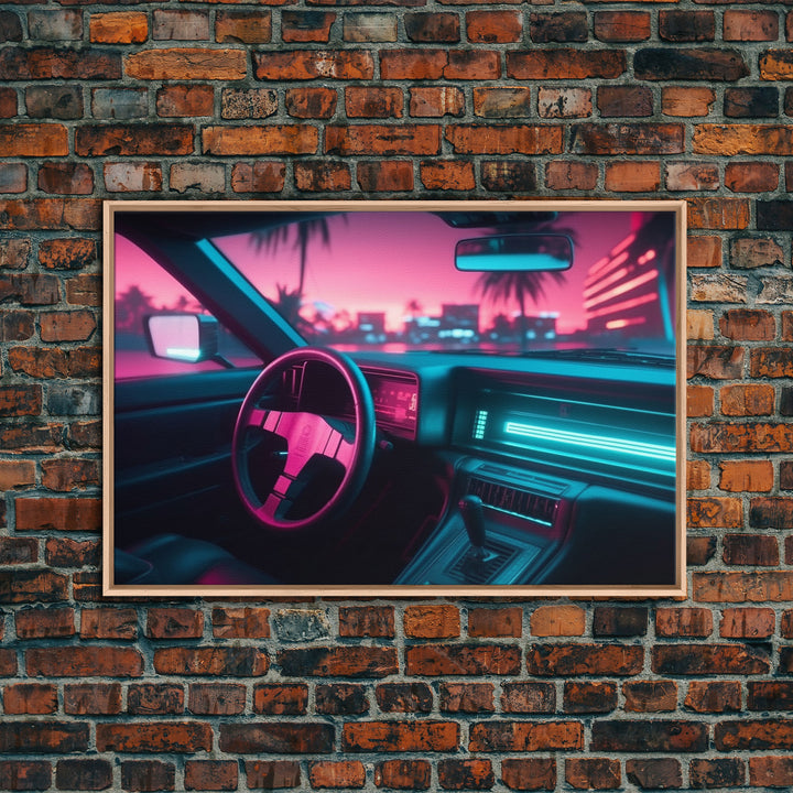 Car interior Wall Art | Framed Canvas Print | Living room art | Neon Lights | Outrun Style | Guest room art | Retro art | Beautiful Art