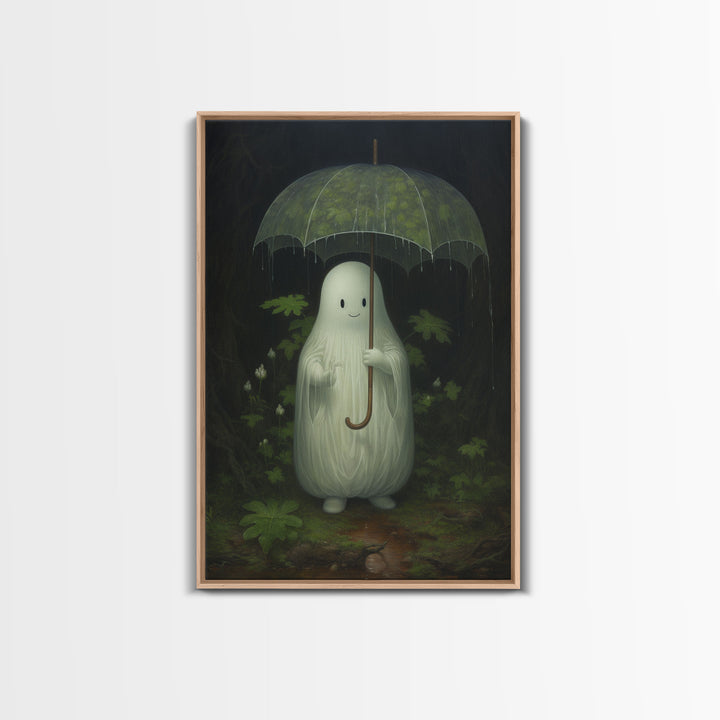 Ghost Holding an Umbrella In The Rain, Vintage Halloween Canvas Print, Framed Canvas, Halloween Wall Art, Dark Academia, Spooky Haunted