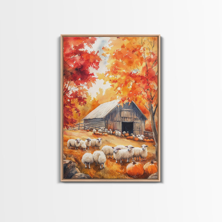 The Sheep Farm In Fall Framed Canvas Print, Farmhouse Decor, Boho Painting Wall Art