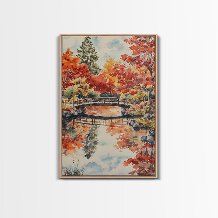 The Fall Bridge, Framed Canvas Print, Autumn Decor, Holiday / Seasonal Wall Art Gift For Her, Moody Landscape