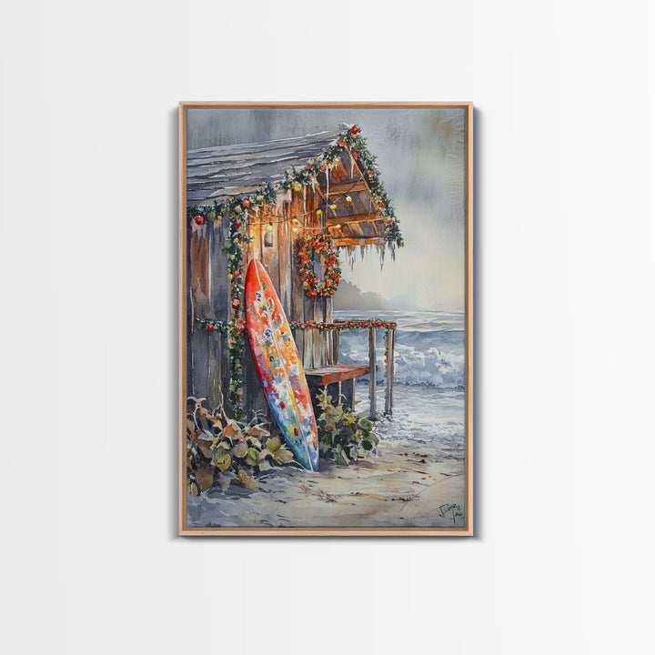 Surf Shack Decorated For Christmas, Tropical Christmas Wall Art, Canvas Print, Wood Framed Wall Art, Christmas Vintage, Christmas Vacation