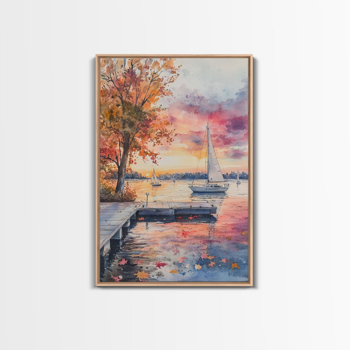 Sailboats at Sunset In The Fall, Framed Canvas Print, Beach House Wall Art, Lake House Art