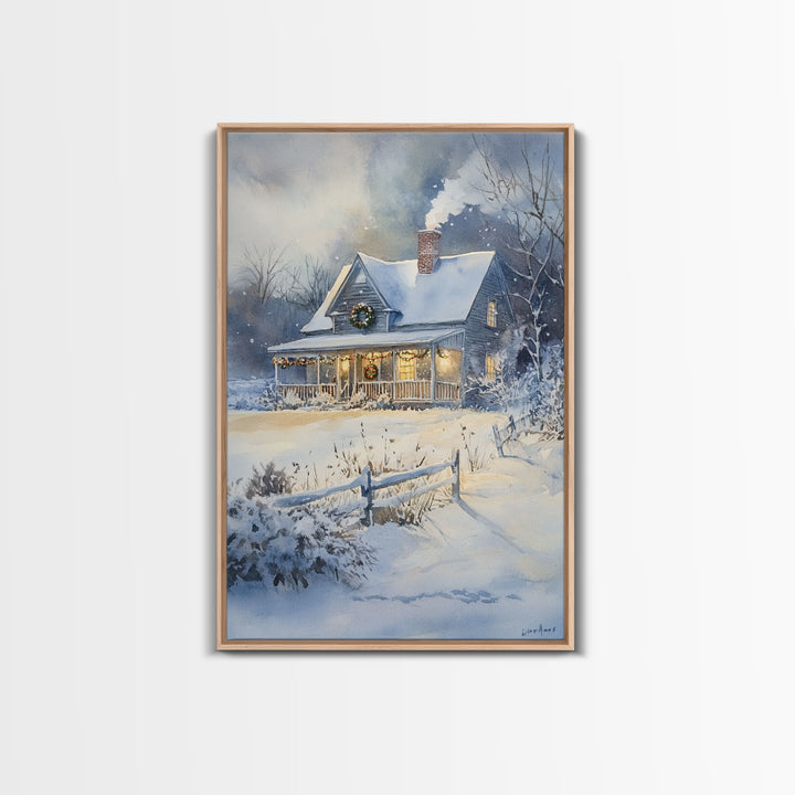 Christmas Cottage Wall Art, Framed Canvas Print, Winter Wonderland Landscape Print