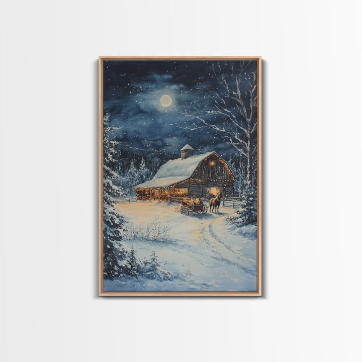 The Christmas Barn, Framed Canvas Print, Farmhouse Christmas Wall Art