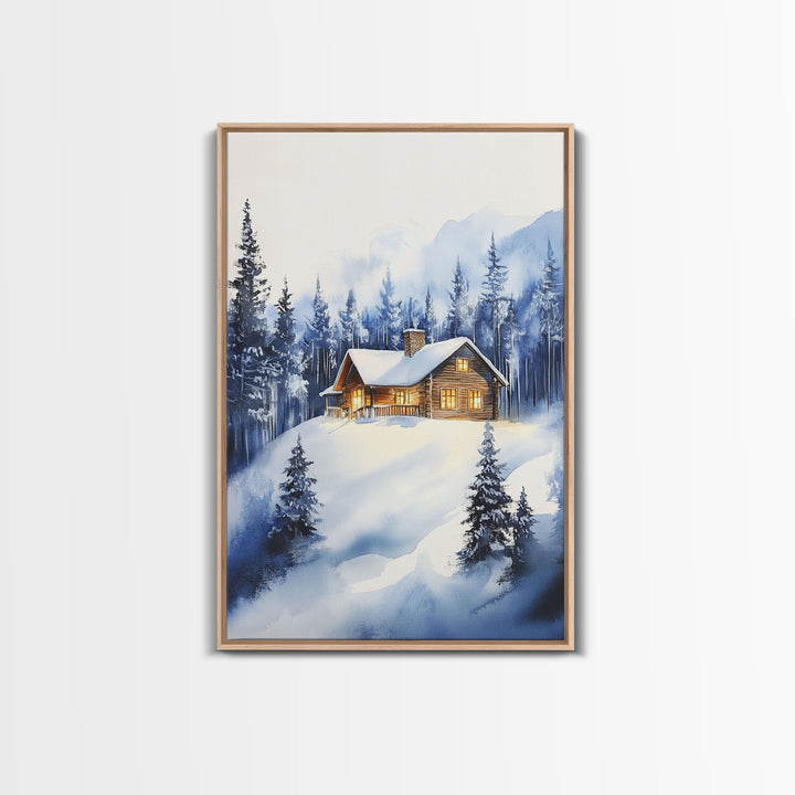 Winter Wonderland Landscape Print, Cabin In The Woods Rustic / Primitive Wall Art, Colorful Christmas