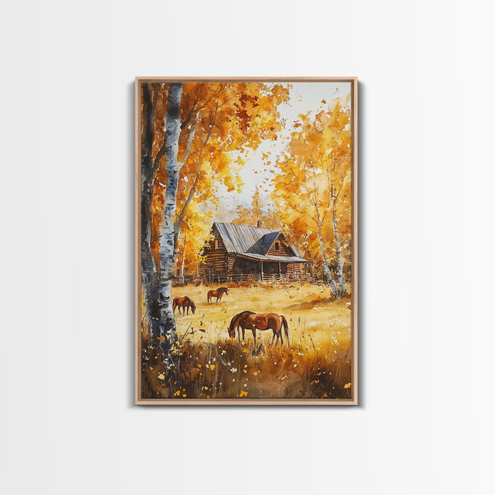 Log Cabin and Horses In The Fall, Wood Framed Wall Art, Primitive Thanksgiving Home Decor, Living Room Art