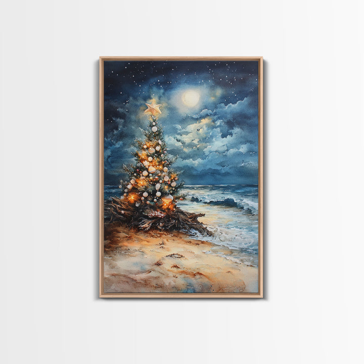 Christmas Tree On The Beach, Framed Canvas Print, gallery wall, Christmas Poster, Xmas Prints