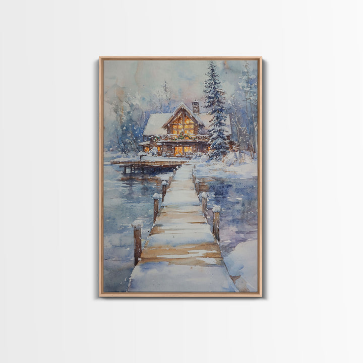 Christmas At The Lake, Framed Canvas Print, Wood Frame Lake House Decor, Winter Lakehouse Art