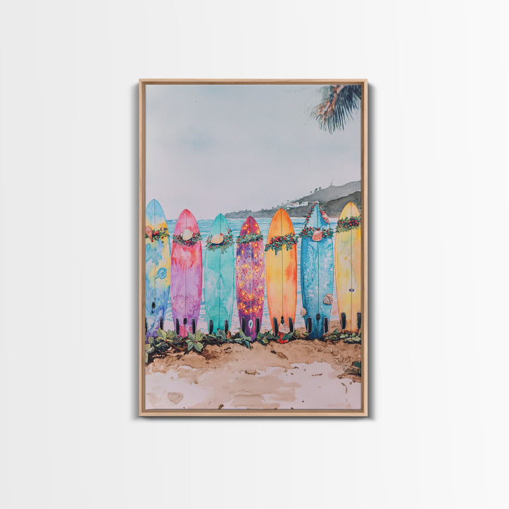 Surf Board Christmas, Framed Canvas Print, Beautiful Trendy Christmas Wall Art With Wood Frame, 2024 Xmas Decor, Christmas 2024