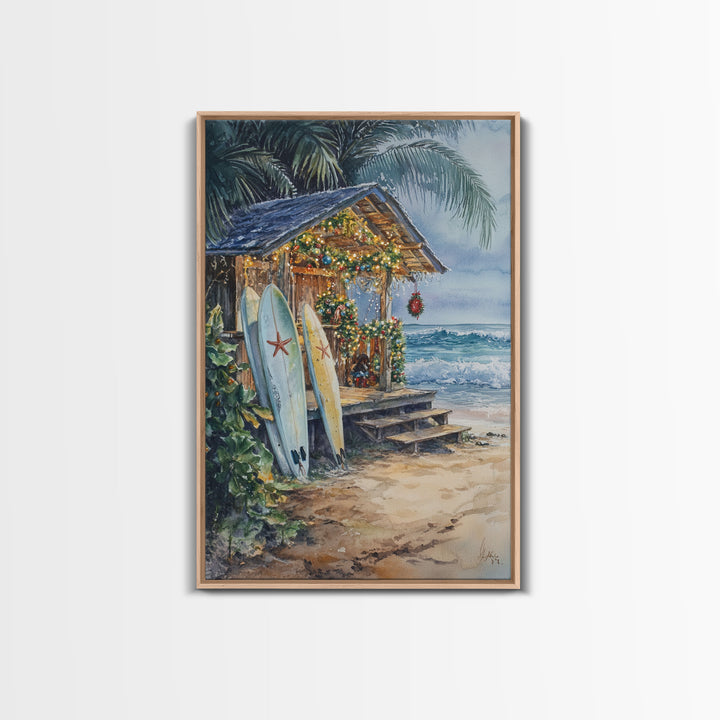 The Surf Shack at Christmas, Surfboard Art, Surfer Christmas Wall Decor, Framed Canvas Print, Cute Christmas Wall Art / Gift Idea