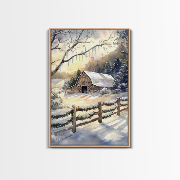 Winter Barn Painting Framed Canvas Print, Xmas Wall Art, Xmas Gift, Winter Wonderland Gift Idea, Western Decor