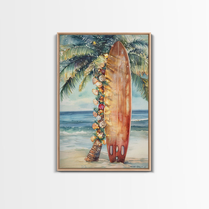 Surfboard Art Framed Canvas Print, Tropical Christmas Decor, Xmas Art, Christmas 2024 Gift Idea For Her