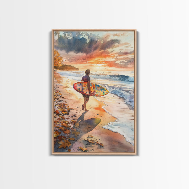 Tall Art Surfer Beach Walk At Sunset Framed Canvas Print Fall Coastal Wall Decor Best Gift Idea Holiday Wall Art Christmas Beach Art